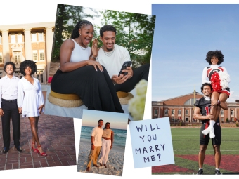 A collage of a couple’s relationship milestones, including photos of them dressed formally on a campus, at the beach, a football player holding a cheerleader, and a close-up of the woman reacting with excitement to an engagement ring while looking at a phone, next to a note that says, "WILL YOU MARRY ME?"
