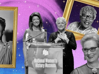 pink, blue, and gold collage of Ella Fitzgerald, Meryl Streep, and Dr. Opal Lee alongside CEO Frederique Champagne Irwin ‘96
