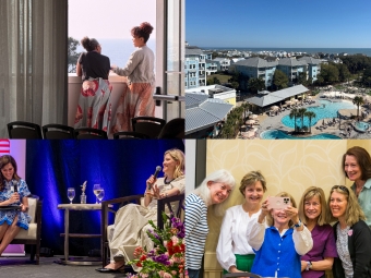 Four images: two women looking out of a window, a scenic beach view, two women onstage at event, group of women taking a selfie