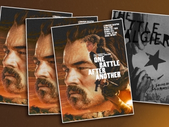 Three movie posters with Leo DeCaprio's face and a black and white poster