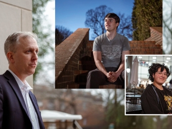 A collage of three individual portraits featuring a middle-aged man in a suit looking thoughtfully to the side, a young man in a graphic T-shirt sitting on brick outdoor stairs, and a smiling young woman with curly hair and glasses in an indoor setting.