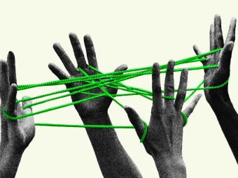 Illustration by The Atlantic of hands holding a cats cradle of strings. Source: Ray Massey / Getty.