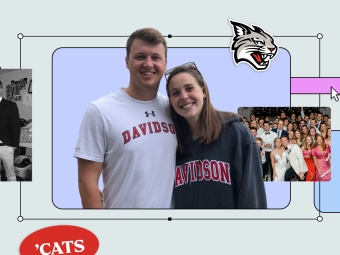 Collage of Trey and Katherine in Davidson sweatshirts, with a Y2k inspired digital interface and branded stickers