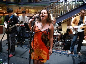 All In for Davidson 2026 student singing in the union
