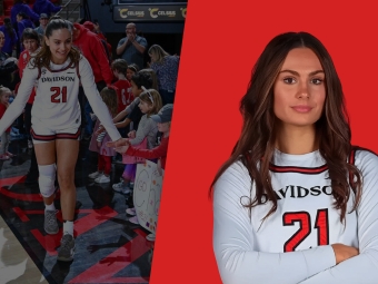 Collage of basketball player high-fiving kids and a headshot on a red background