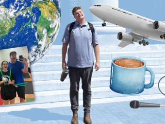 A student stands outside with a collage of items over him—a globe, selfie, coffee cup, microphone, and airplane