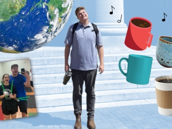 A student stands outside with a collage of items over him—a globe, selfie, coffee cup, microphone, and airplane