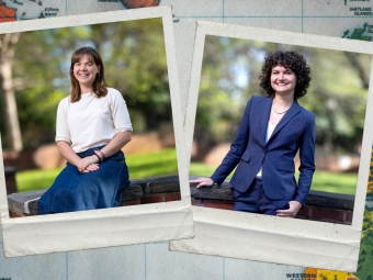 Two instant-print style photographs of two smiling individuals are positioned side-by-side against a background map showing the Atlantic Ocean, North America, and Europe.