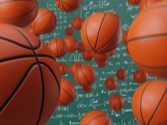 Bouncing basketballs on a chalkboard background with mathematic equations on it
