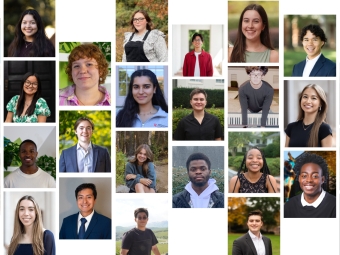 A collage of professional and casual headshots featuring a diverse group of over 20 smiling young adults, arranged in a grid-like pattern against a white background.