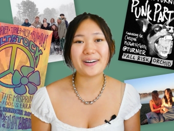Ellie Kim '29 on a green background with posters and photos collaged behind them