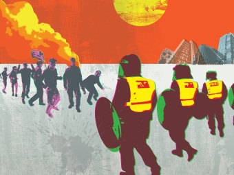 Anatomy of Unrest Main Illustration of men in uniform against protestors
