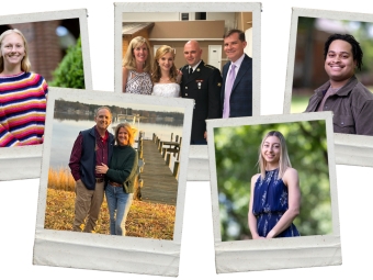 A collage of five Polaroid-style photographs arranged over a colorful abstract background, featuring portraits of diverse individuals, including a woman in a striped sweater, a wedding party group, a young man, a woman in a blue dress, and a couple standing by a lake dock.