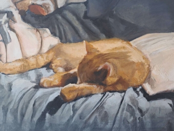 Oil painting of an orange cat on a blue-grey blanket