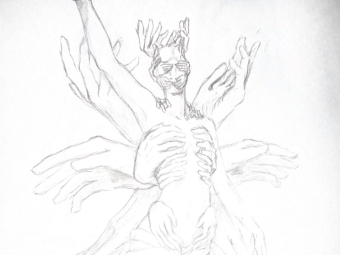 A graphite drawing on white paper of a figure with wings and many arms