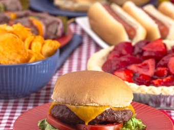 Hamburgers on table cloth