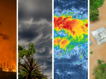 Four vertical panels illustrating extreme weather events, including a firefighting helicopter dropping water on a wildfire, dark storm clouds over foliage, a colorful meteorological radar heat map, and an aerial view of a flooded structure.