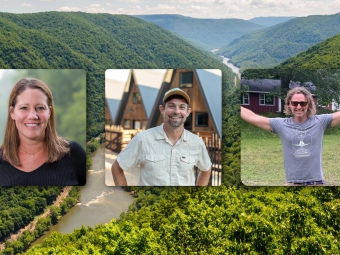 Three individual headshots of outdoor enthusiasts overlaid on a panoramic view of a lush, forested mountain valley with a winding river below.