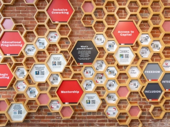 Hurt Hub wall in the entrance of the building, which has quotes and photos