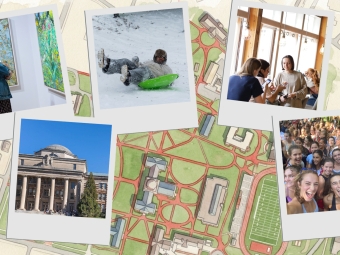 A collage of polaroid-style photos showing students looking at art, sledding, hanging out indoors, posing in a large group, and a domed campus building, layered over an aerial map of a college campus