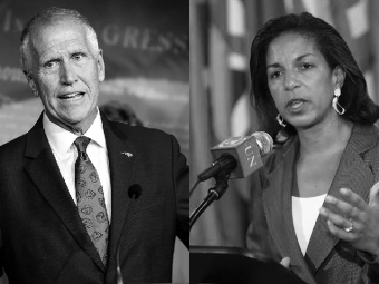 Composite image of Tom Tillis in a suit and Susan Rice in a suit