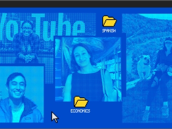 A blue retro computer window with a retro, pixelated cursor and pixelated light blue images