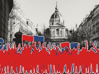 Illustrative red and blue silhouettes of protesters raising their arms and flags stand in front of a black-and-white photograph of the historic Sorbonne University building in Paris.