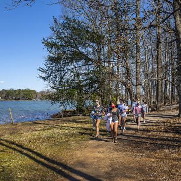 students walking at lake campus