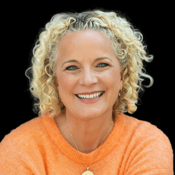Woman with blonde curly hair on a black background