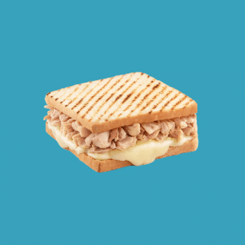 a tuna melt on a blue background