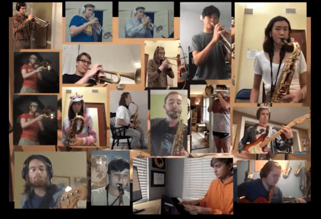 Videos masonry grid of student playing instruments