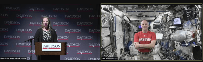 Zoom screenshot of side-by-side squares with faculty host Kristen Thompson on the left and Tom Marshburn in spaceship on the right