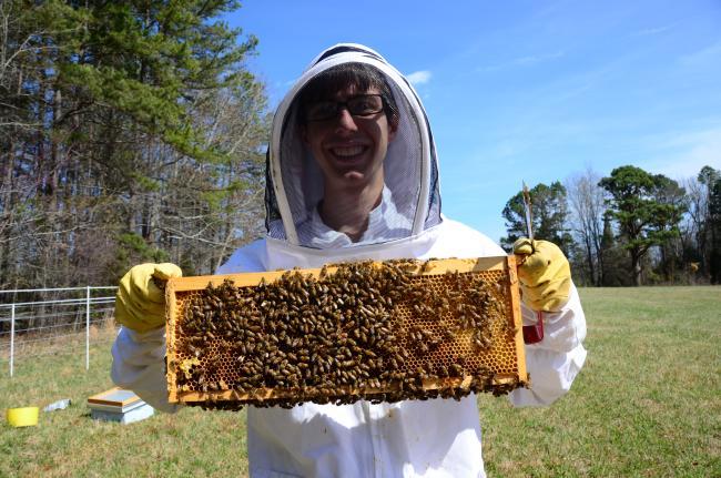 Student in beekeeping suit holding honeycomb