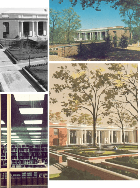 a compilation of images of a brick building with white columns surrounded by trees