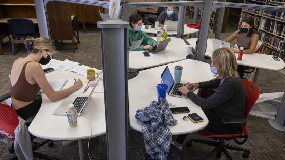 Group of students studying at pod of desks in library for final exams