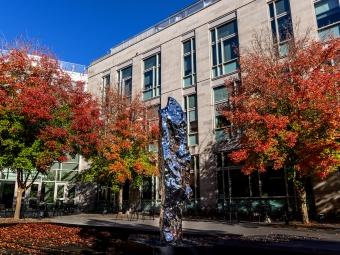 a silver piece of art stands in front of a modern academic building as red trees surround